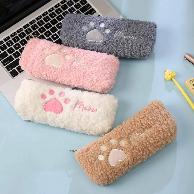 Wholesale cute soft plush embroidery cat paw pencil case kawaii pen pouch stationery school pencil case for girls
