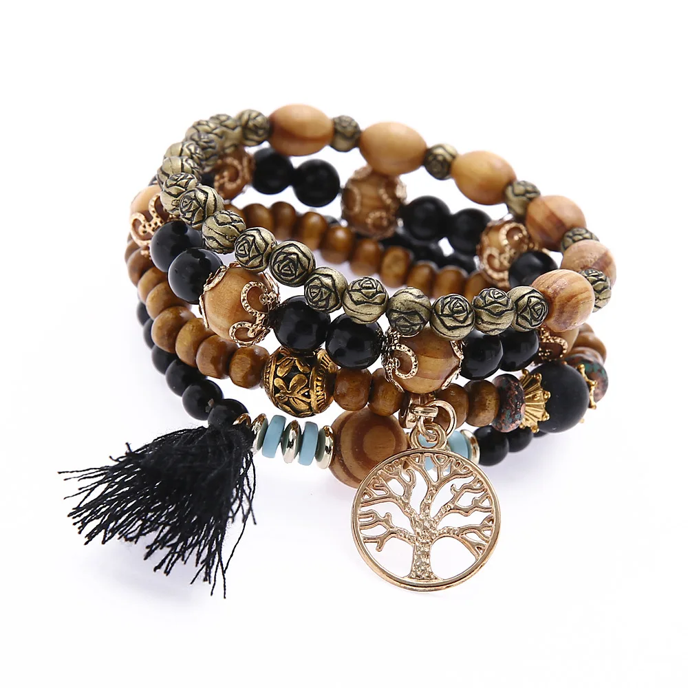 MoyaMiya Tree Of Life charm Bohemian 4 in 1 wooden beaded bracelet set wholesale bracelets women