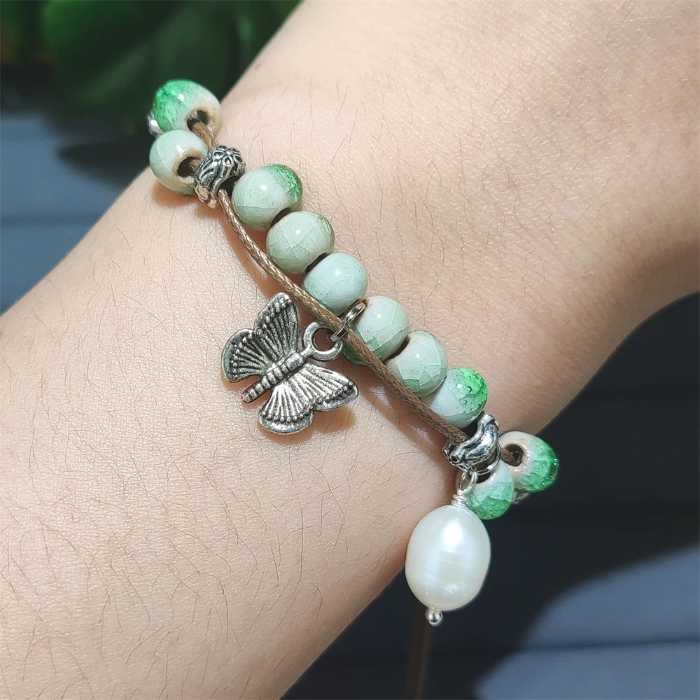Прямая Продажа с фабрики фарфоровые веревочные браслеты ручной работы подвесками в виде колокольчика из натурального жемчуга керамический браслет подвеской