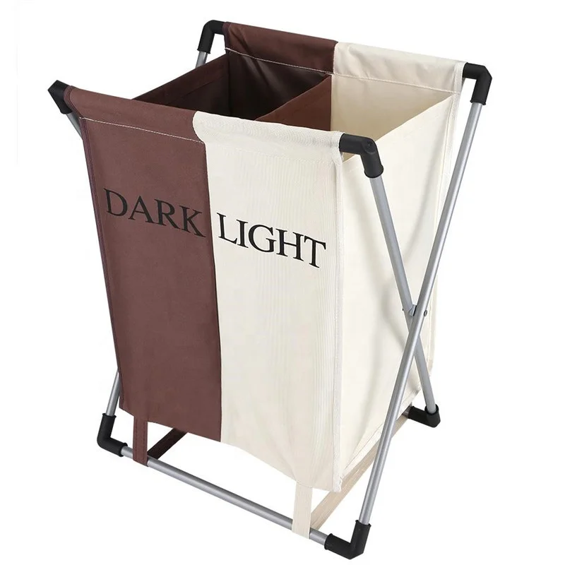 Kingwillow Customize Square Metal Frame Folding Laundry Washing Basket Bag 2 Section Sorter for Bedroom Bathroom