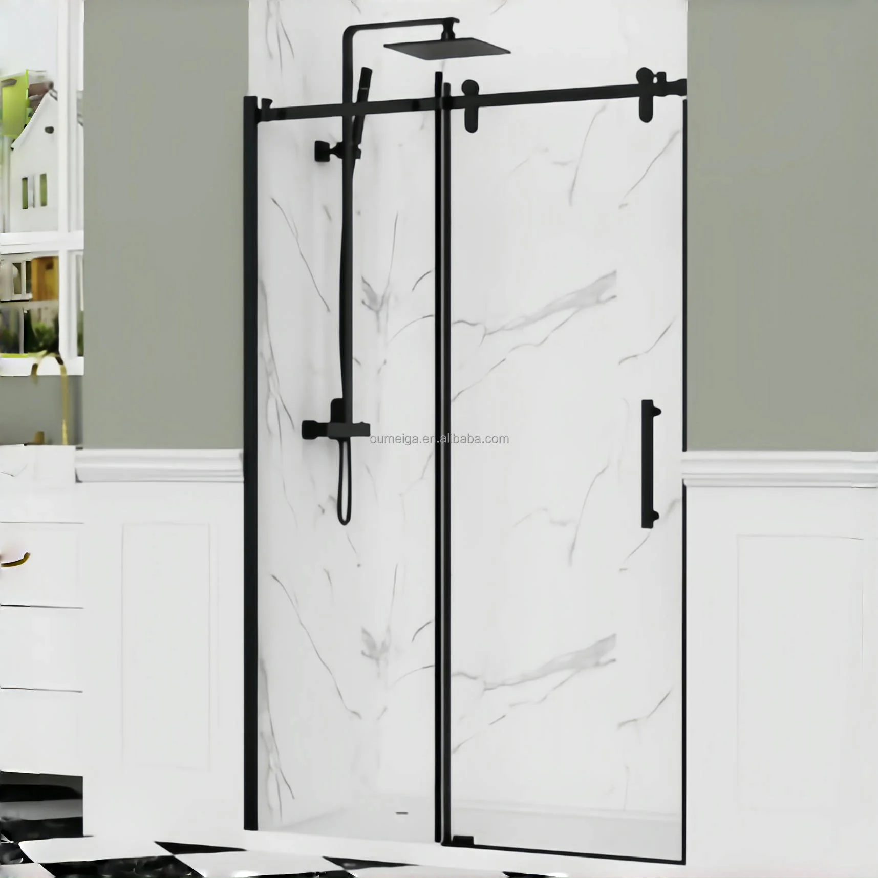 Oumeiga Customized 8/10mm Thick Tempered Glass Shower Doors for Hotels Framed Glass with Brushed Finish Custom Graphic Design