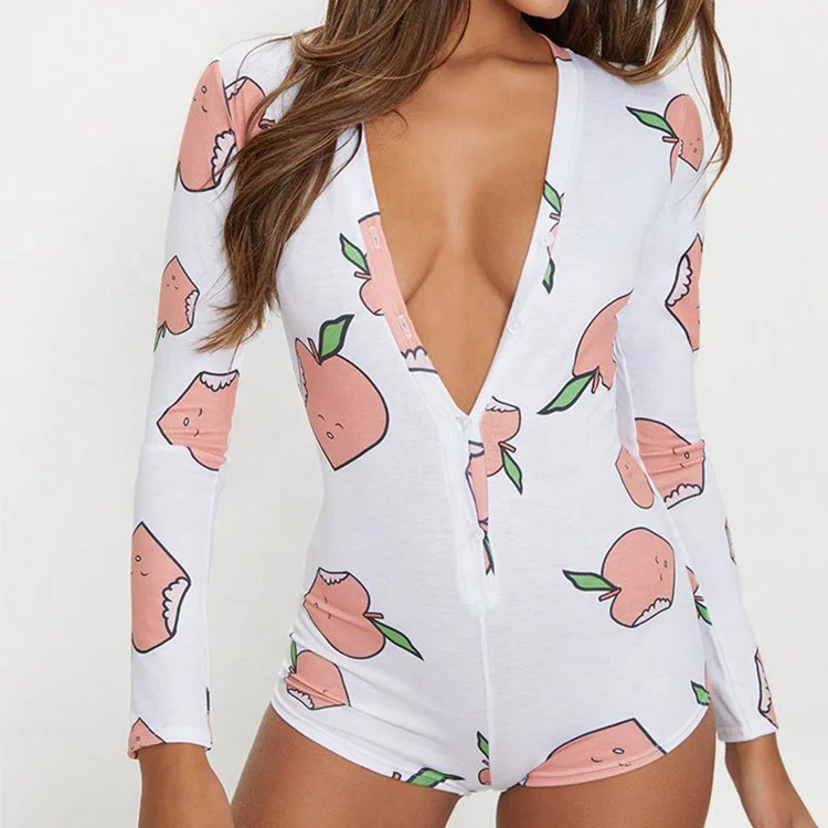 
9016 Adult Onesie Pajama for Women V Neck Bodycon Long Sleeve Bodysuit Short Romper Sleepwear Pajamas 