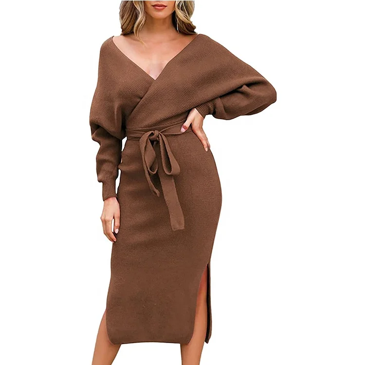 2022 Factory wholesale elegant v neck long sleeved backless rib women sweater dress wrap knit dress