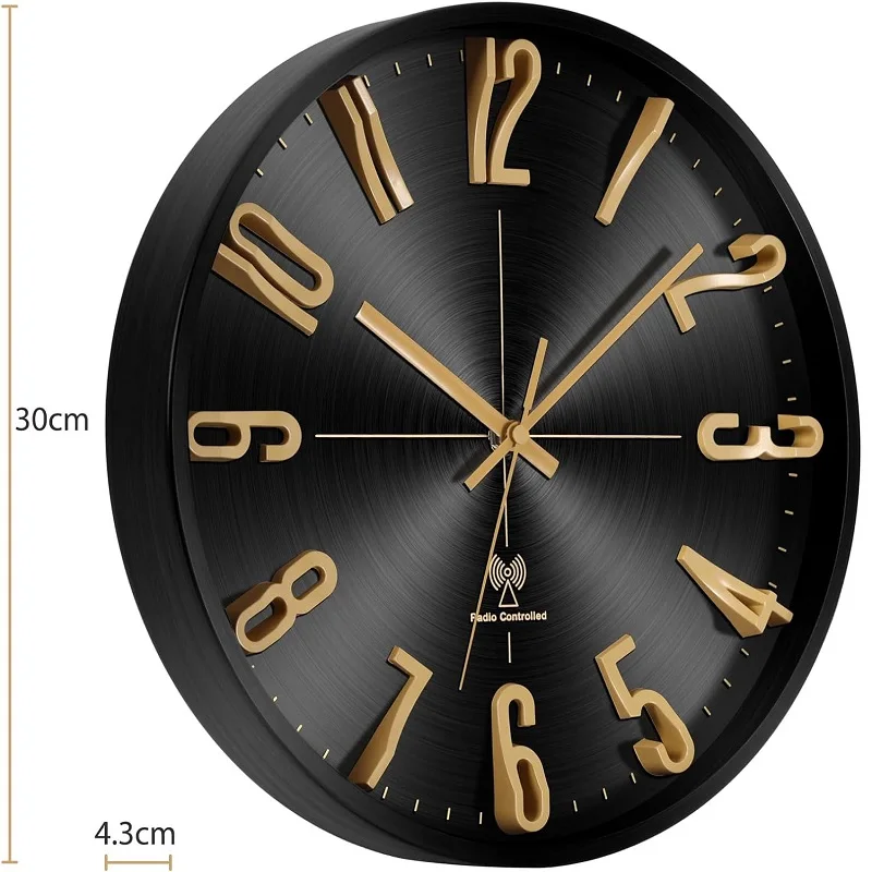 12 inch Modern simple metal luxury 3D number Radio Control Wall Clock  silent round black custom atomic aluminum clock