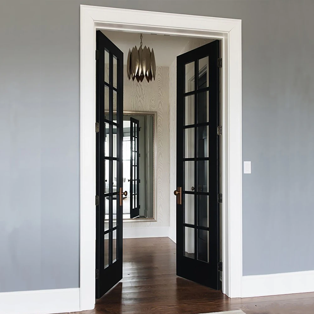 commercial black slim double swing glass  double tempered glass swing aluminum casement door with drill design