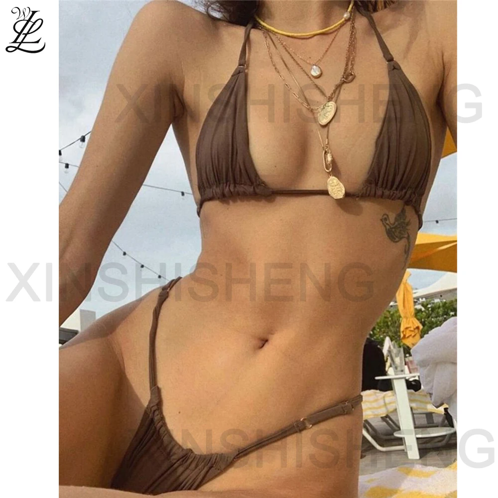 2024 Custom Logo Swimwear Beach Halter String Backless Split Body Swimsuit Micro Sexy Custom  Flower Printing Bikini For Women