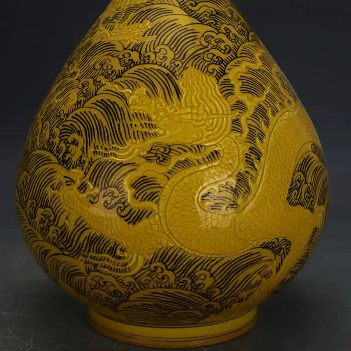 Quality Cheap Price Antique chinese hand carved dragon design porcelain ceramic yellow glazed vase for collection