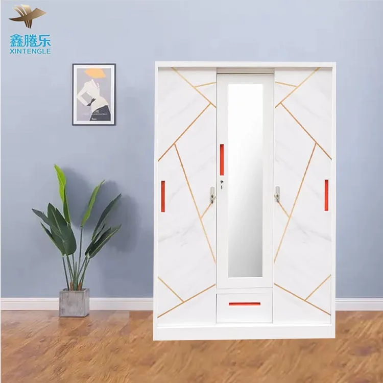 Multifunctional Steel Clothes Cabinet Bedroom Wardrobe with Sliding Door Mirror Drawer-Wardrobe Designs General Furniture Use