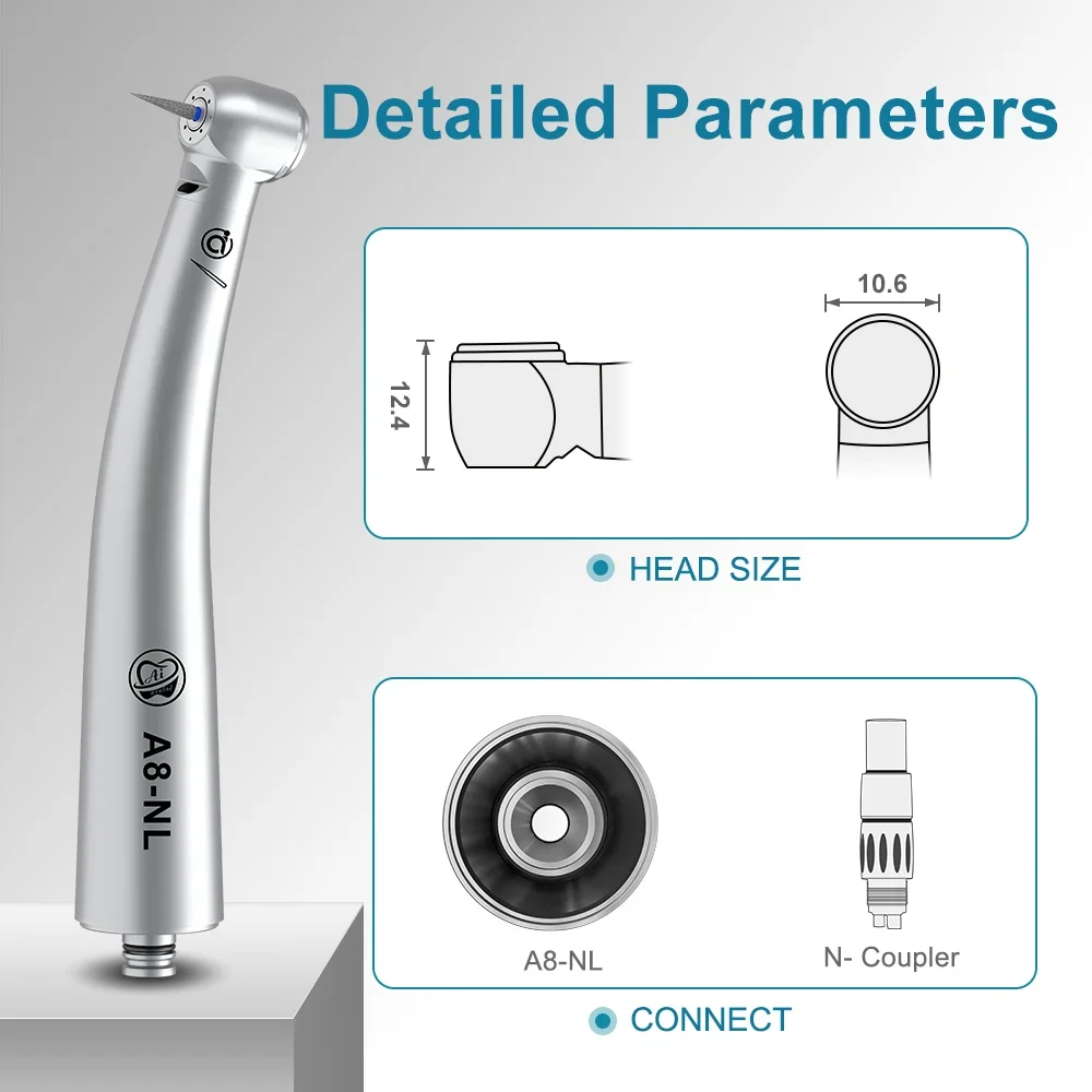 Dental Mini Head Air Turbine Optical High Speed Handpiece N-Coupler Inner Water Spray Stainless body A8-NL AiKO Series Dentist