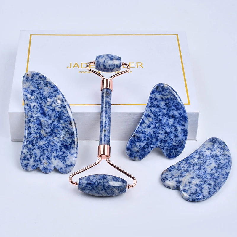 Custom Logo Natural Blue Spot Jasper Stone Skin Care Beauty Tool Massager Set Facial Guasha Face Jade Roller And Gua Sha