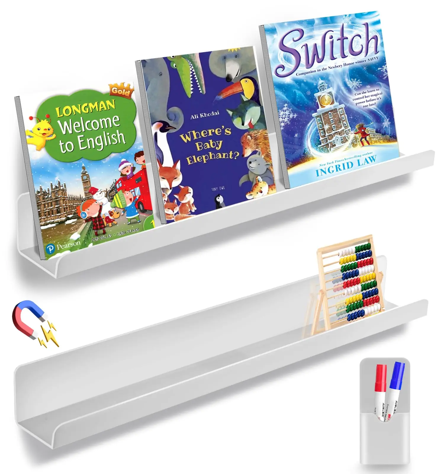2 Pcs Magnetic Book Shelf for Whiteboard Classroom and Fridge Storage,  Acrylic Strongly Magnetic Display Shelf
