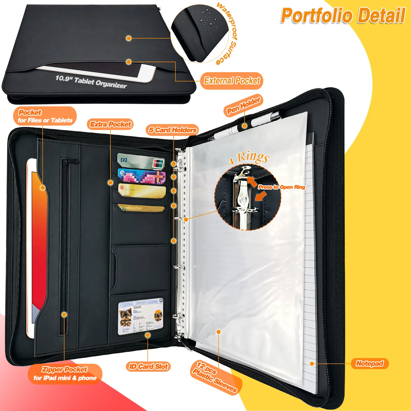 Золотой поставщик Padfolio Органайзер чехол A4 Документ Компендиум кольцо папка из искусственной кожи на молнии портфолио