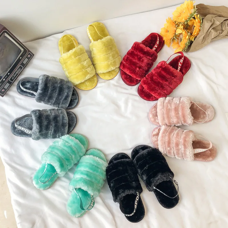 Drop Shipping Women Soft Plush Furry Cozy Open Toe House Flat Slippers Lamb Fur Warm Comfy Sandals Fluff Yeah Slide Slipper