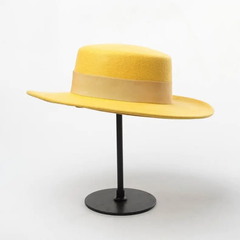 Ladies Wool Felt Boater Hat with Wide Ribbon