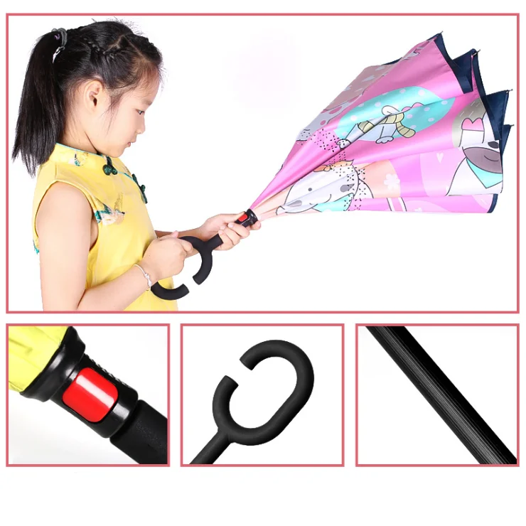 Children kids Cute Upside-down Double Layer Windproof C Type Handle inverted Umbrellas Creative Kids Cartoon Animal Reverse Umbr