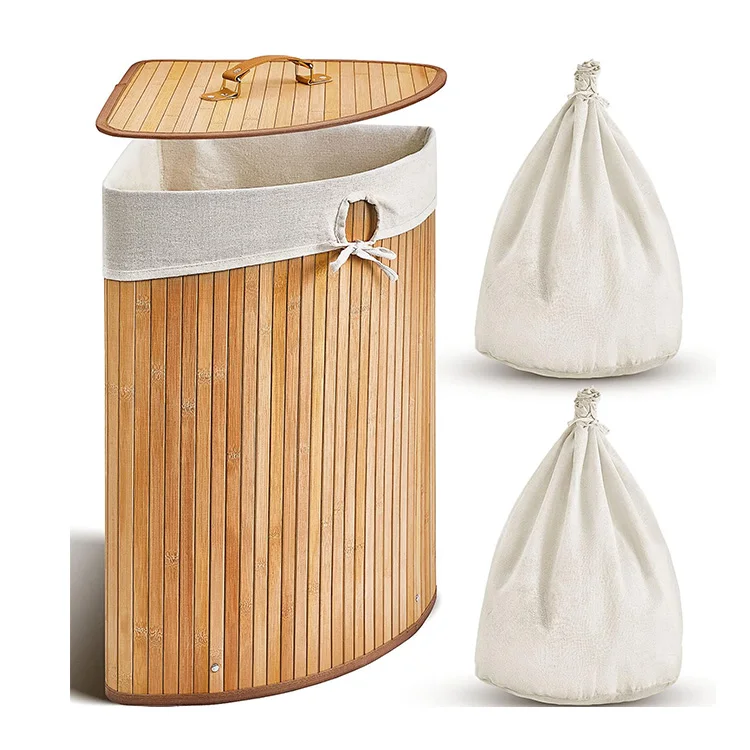 Legend Triangle Bamboo Woven Laundry Basket  Clothes Storage With Lid For Corner Wood Cool Dirty Laundry Hamper