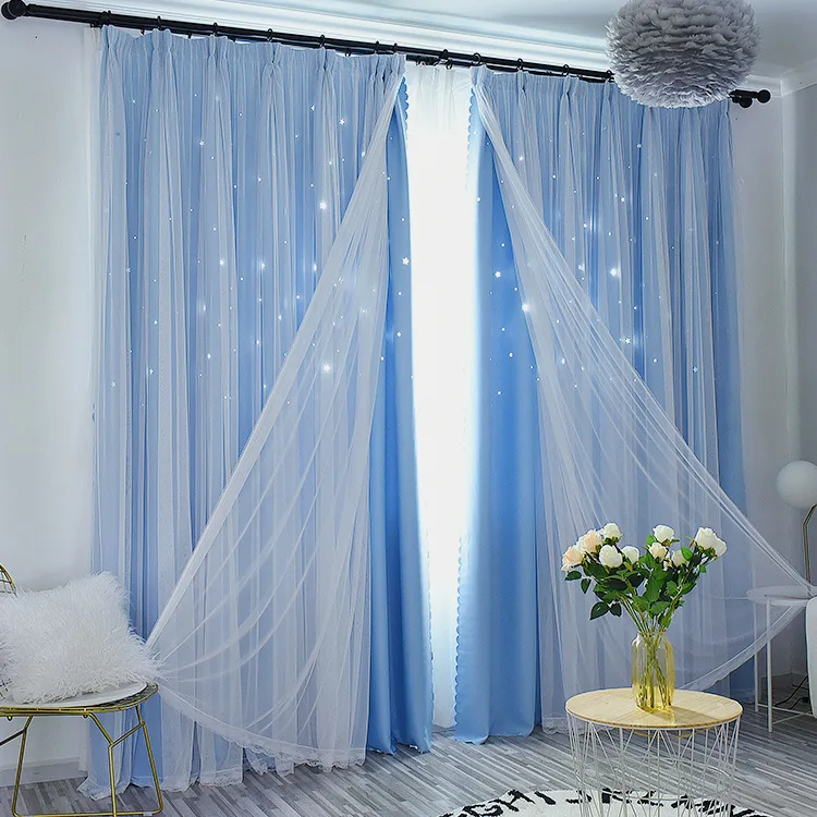 Double Lace Hollow Star Curtain Princess Wind Mesh Bedroom Living Room Blackout Curtains for Bedroom Kids Room