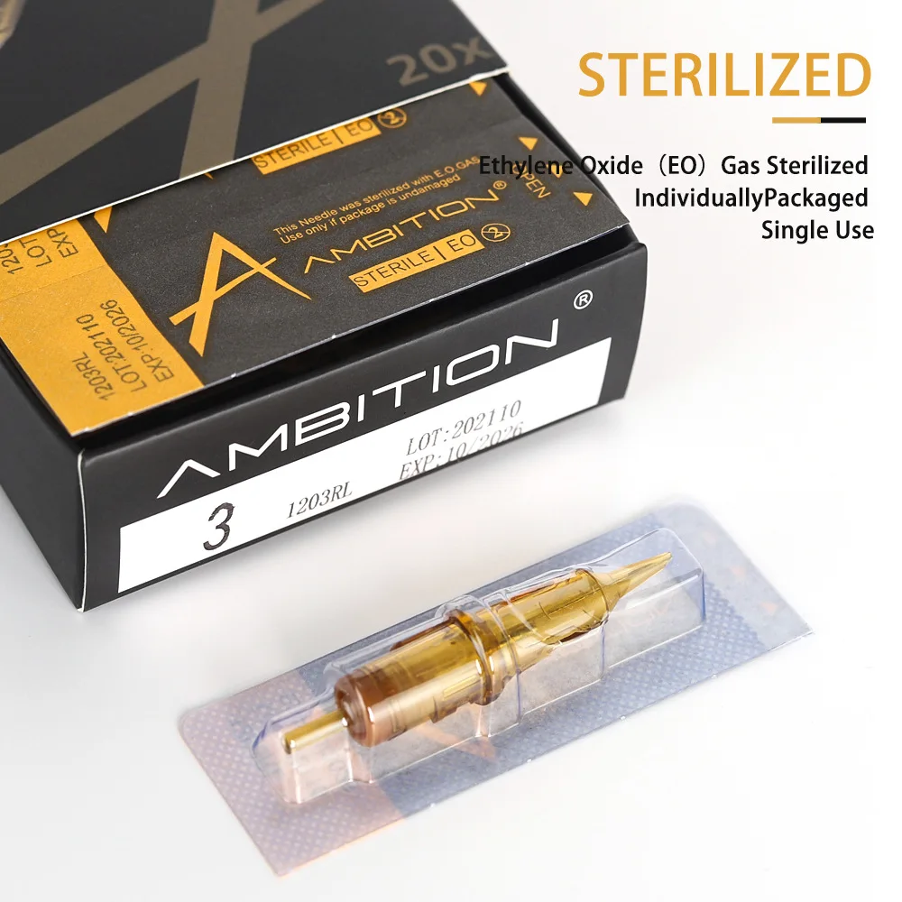 Ambition 20pcs Gold RL Tattoo Cartridge Needles Disposable Sterilized Stainless Steel Tattoo Needle for Cartridge Machines Grips