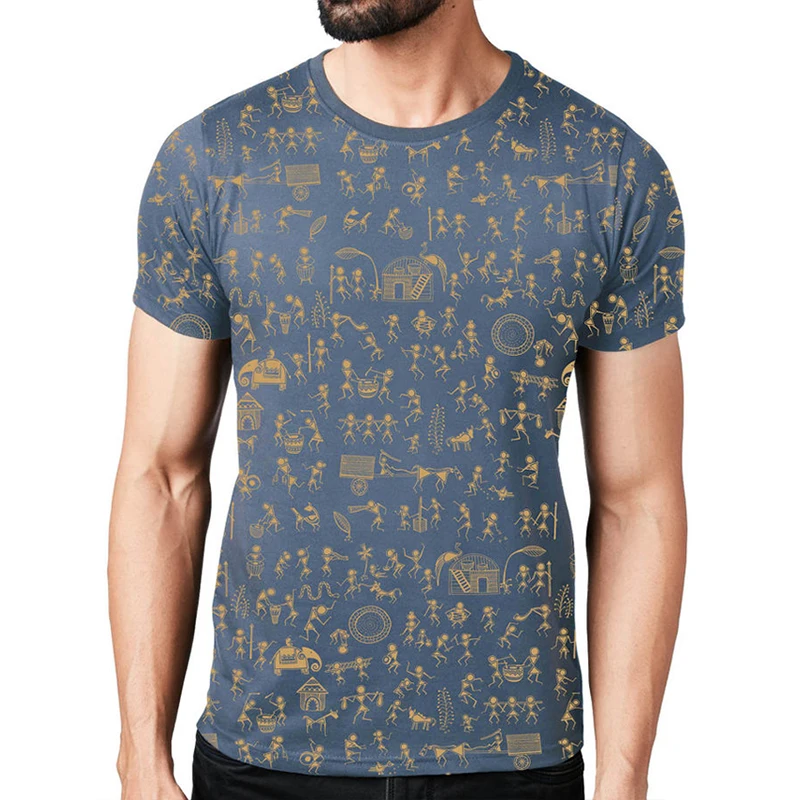 
poly cotton blend all over screen printed tech round neck t-shirt 