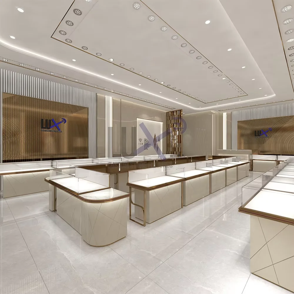 Lux 2024 Luxury Custom Jewelry Display Case Gold Metal Jewelry Store Showcase Design