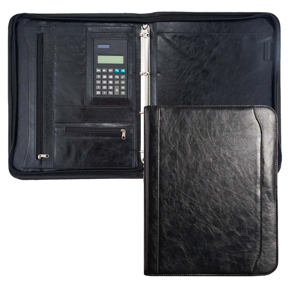 Professional Resume Black Padfolio with Secure Zippered Closure,Travel Brown Binder Zipper Portfolio Folder Leather