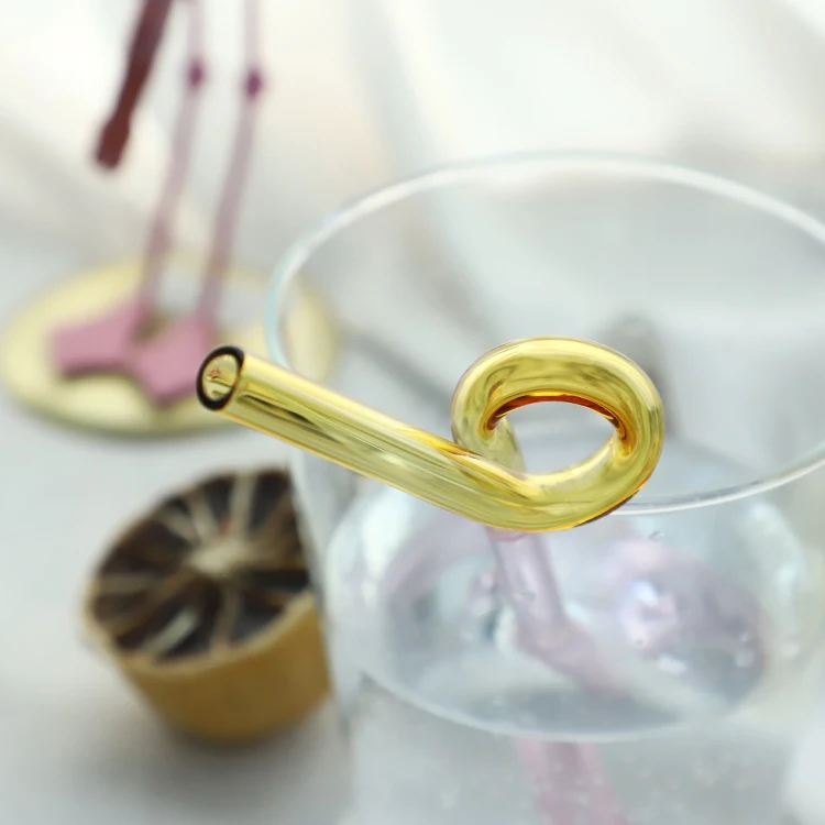 High quality custom reusable cute flower colored bent cupful borosilicate glass straw with charm hook design set