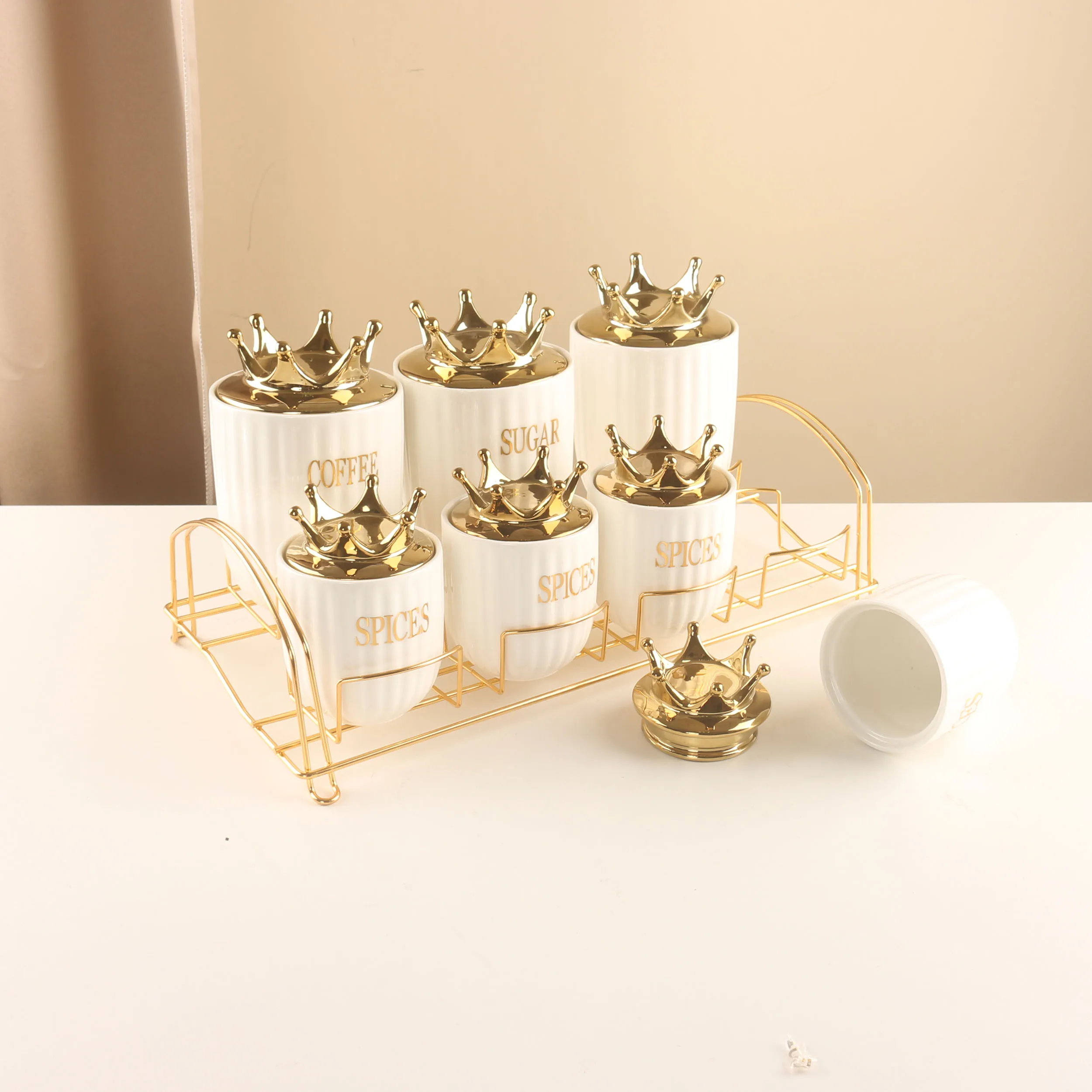 Set of 7 Color Glazed  Ceramic Kitchen Canister Sets Tea Coffee Sugar Canisters Set With Stainless Steel Rack