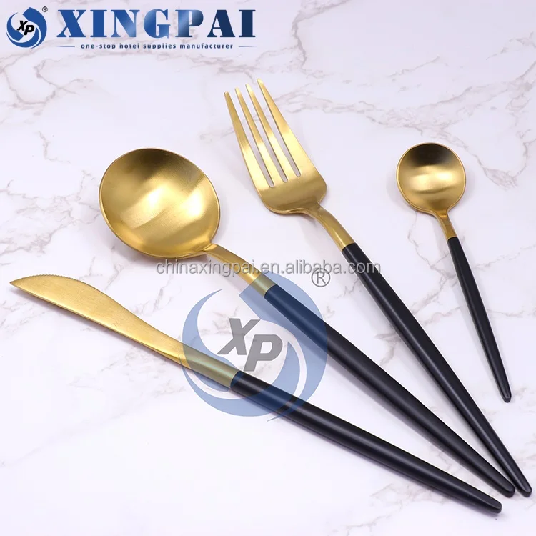 XINGPAI Five Star Hotel Stainless Steel Flatware Luxury Cutlery Golden Dessert Knife Fork Spoon Set for Buffet Catering