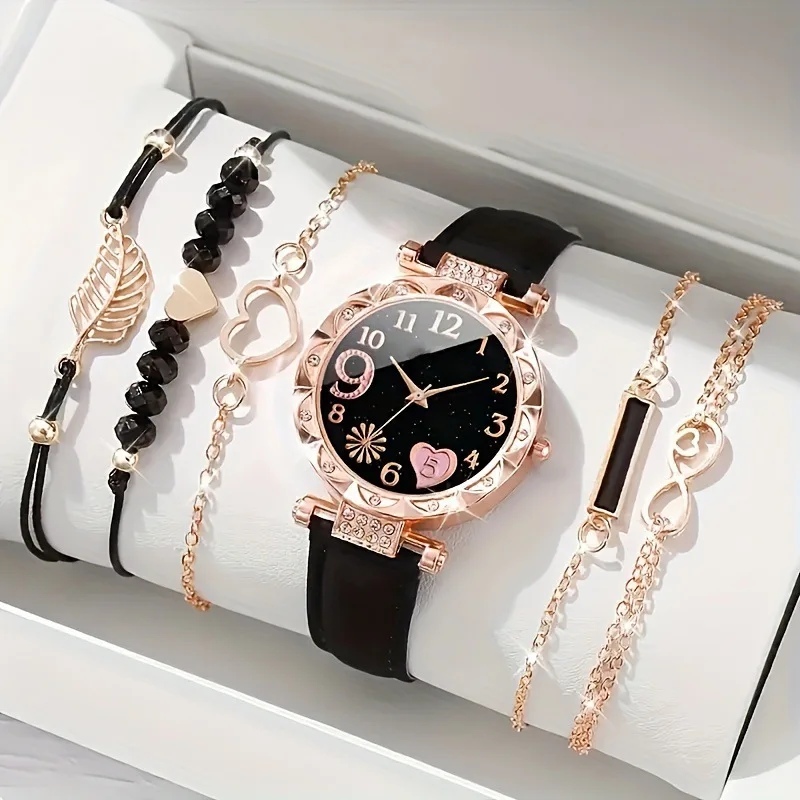 6PCS Fashion Bracelet Watch Set For Women Luxury Leather Analog Ladies Quartz Wrist Watch Female Relogio Feminino Factory Sale
