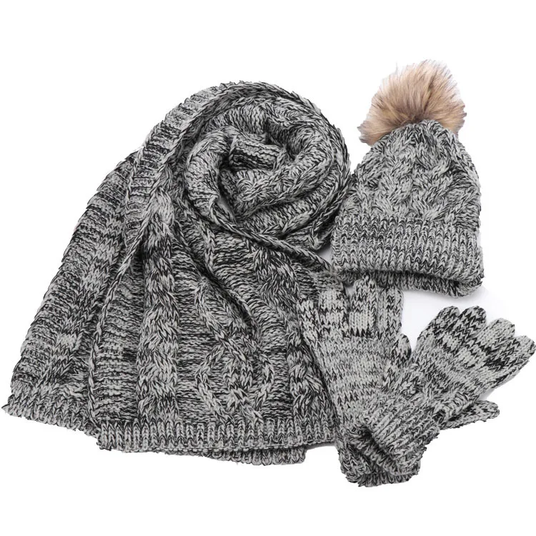 Custom Fashion Winter  Thick Jacquard Scarf  Hat Glove 3-piece Set