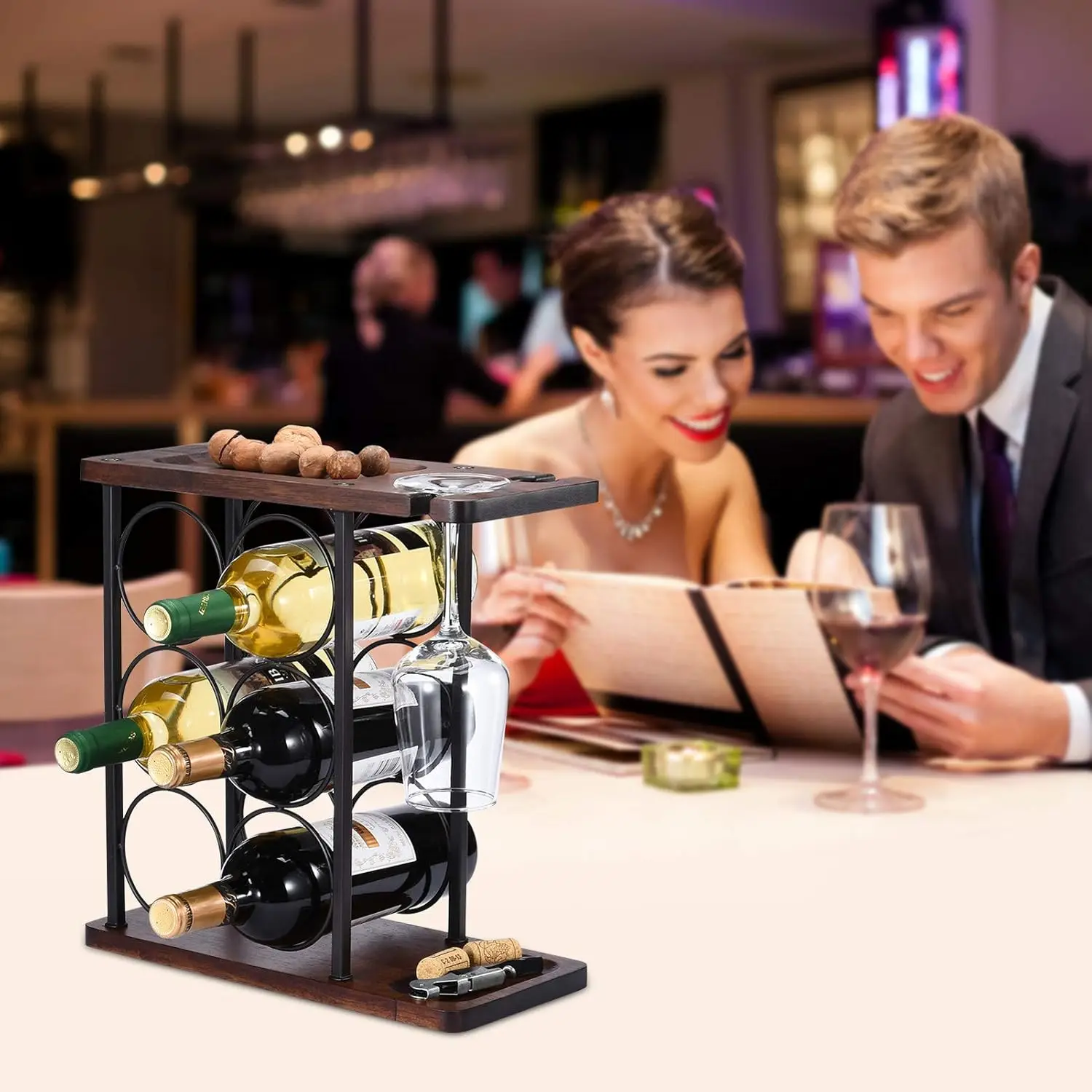 Countertop Wooden Wine Rack with Glass Holder Tray for Home Decor Kitchen Storage Party Durable PC Material Easy Carton Packed