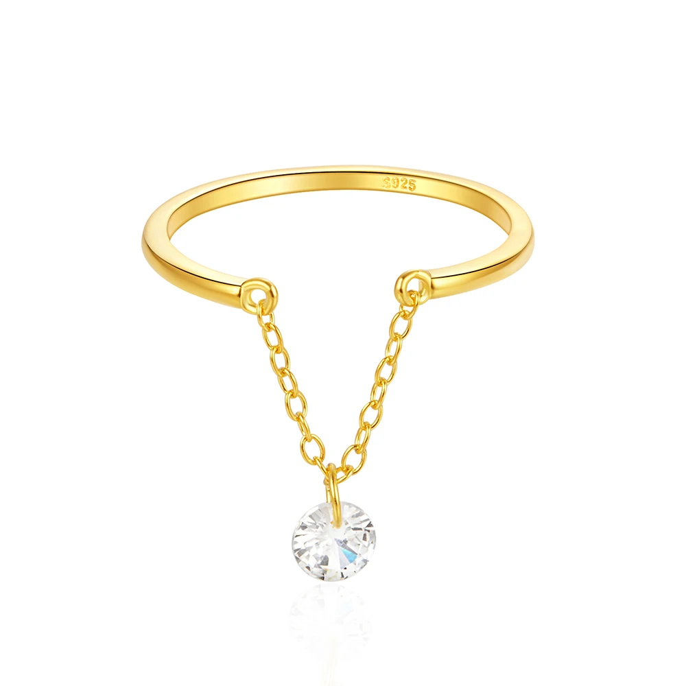Custom Minimalist Shiny 925 Sterling Silver Jewelry Dainty Moissanite 18K Gold Plated Stackable Bezel CZ Chain Ring For Women