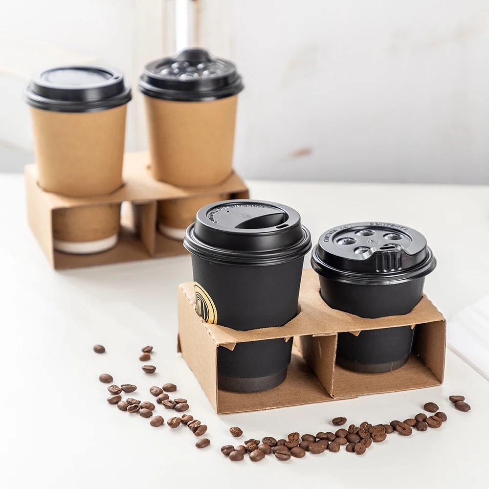 LOKYO custom cardboard beverage holder brown takeaway paper carrier tray disposable kraft paper cup holder