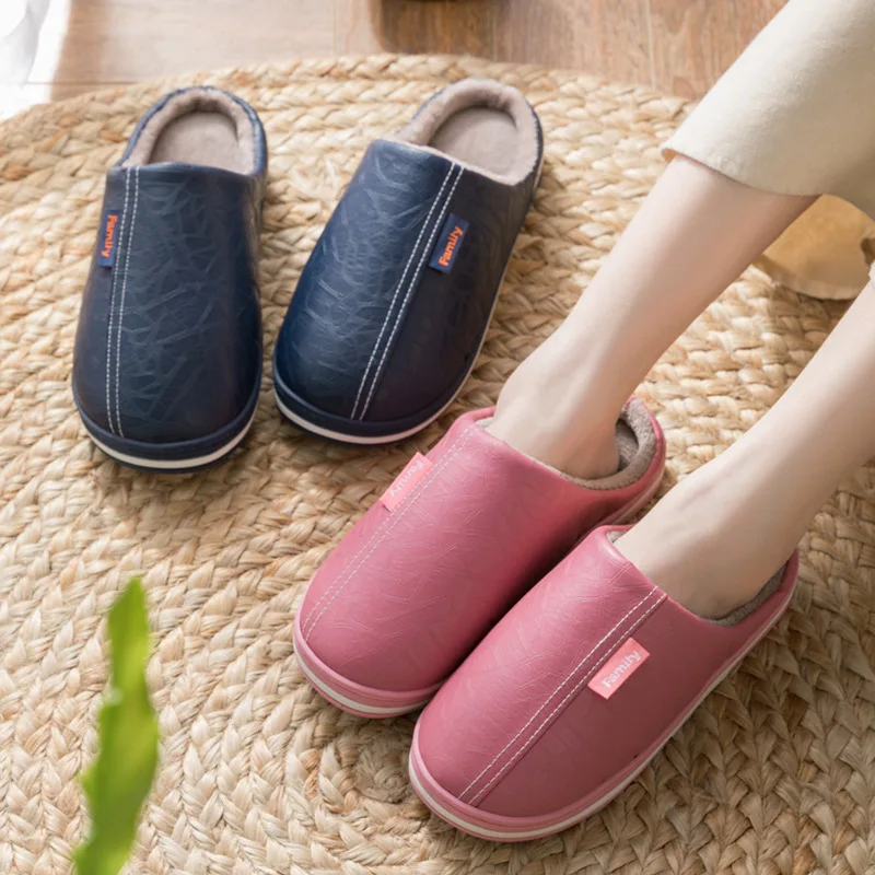 
Home slippers for men Large size Indoor slippers men PU Leather Waterproof Male slippers Winter Plush Warm 