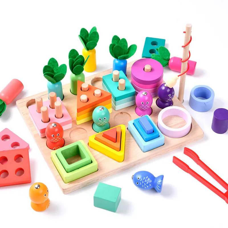 Wooden four in one fishing geometry intelligence shapes matching blocks educational toys for kids Montessori teaching aids 2024