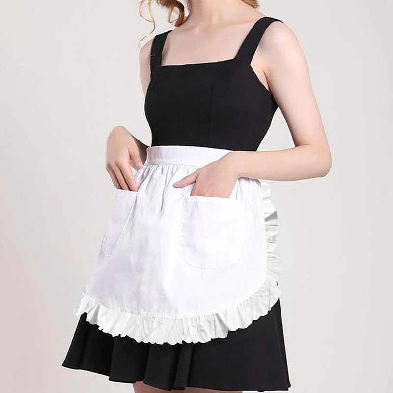 Customized Womens Waist Aprons Cooking Kitchen Cleaning White Ruffle Half Apron for Waitress and Maid