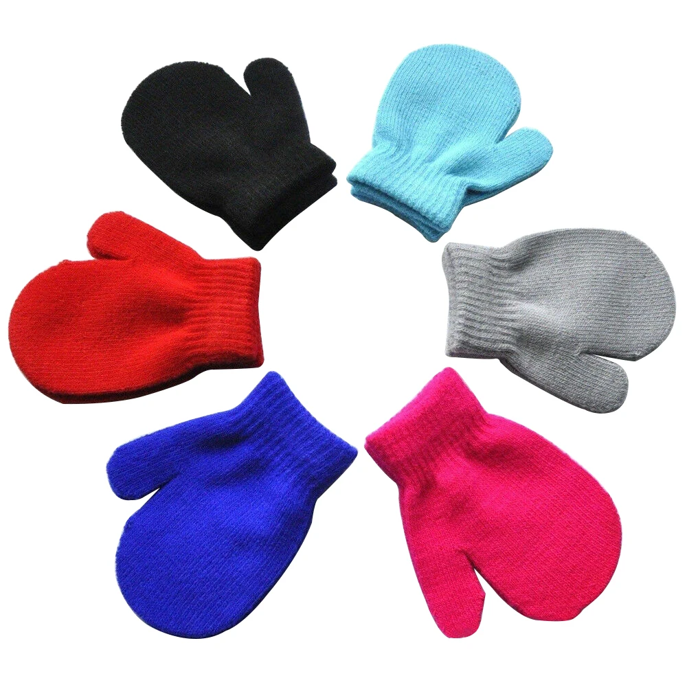 Зимние теплые варежки для маленьких девочек, детские вязаные Стрейчевые варежки для мальчиков и девочек, однотонные варежки, студенческие варежки против царапин, волшебные варежки