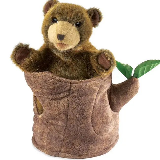Personalized Stuffed Animals Bear in Tree Stump Hand Puppet Manufacturer OEM Plush Soft Toy Company