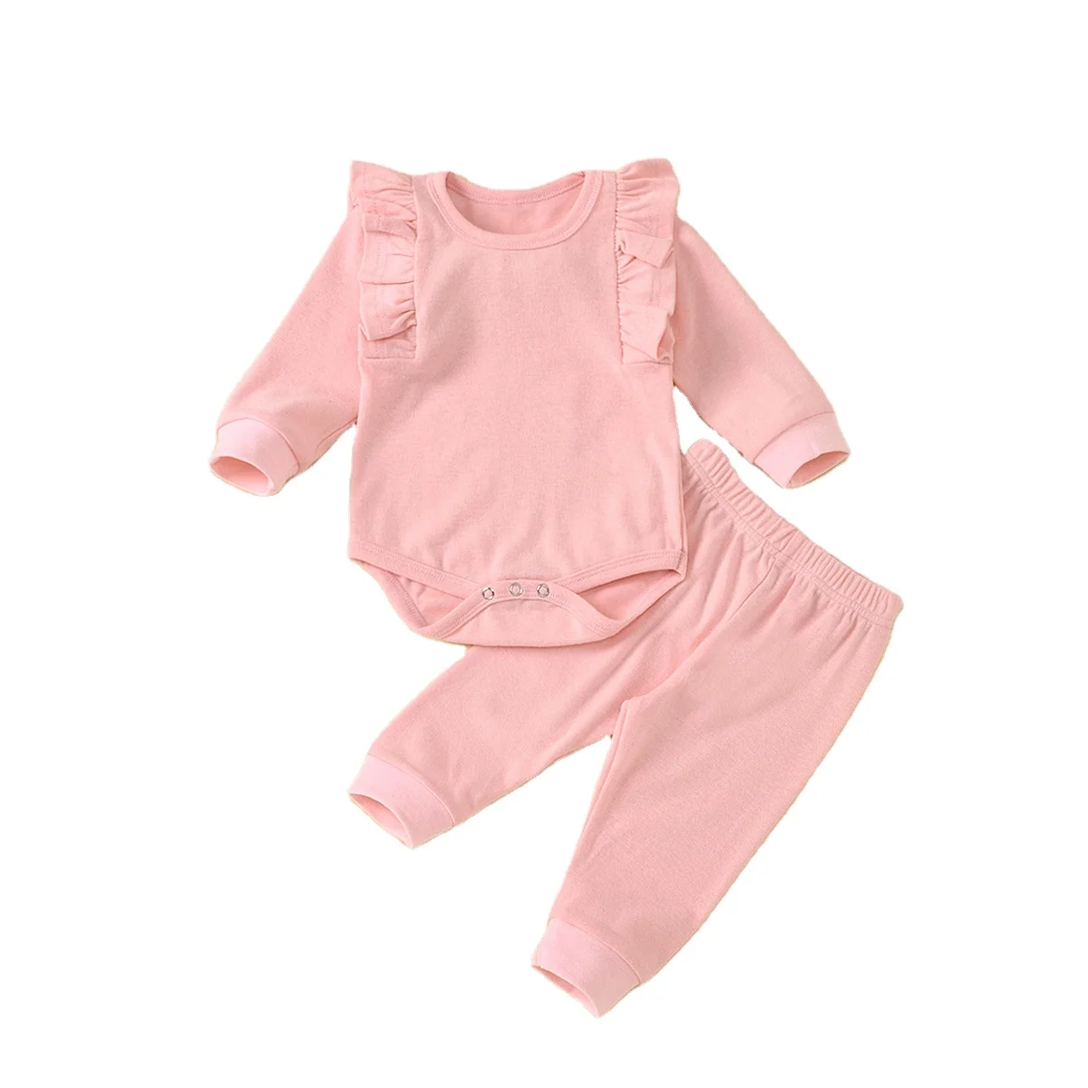 Organic Cotton Infant Clothes Jumpsuit Pink Ruffle Bodysuit Long-Sleeve Plain Newborn Girls Rompers Baby Clothing Set With Pants