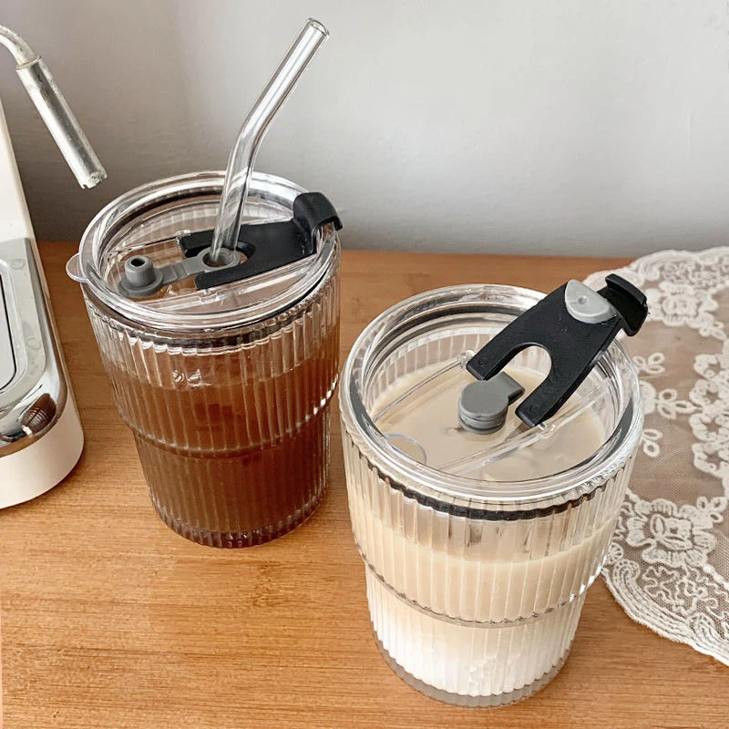 450ml Simple Stripe Coffee Glass Cup With Lid and Straw Transparent Bubble Tea Cup Juice Glass Milk Mocha Cup Breakfast Mug