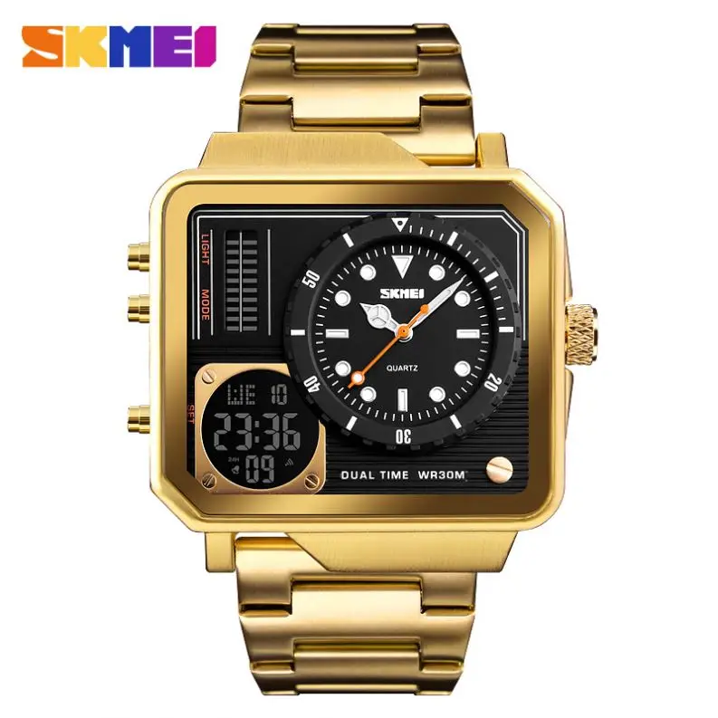 SKMEI 1392 2 time zone double display quartz watch square unique dongguan Stainless steel band relogio musculino