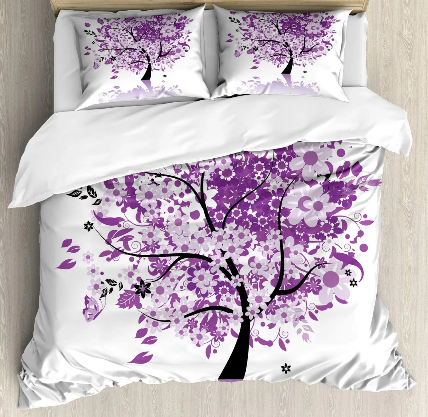 Spring Tree of Life Woods with Blooming Flower and Butterfly Flying Romance Nature Duvet Cover Set Bedding Set