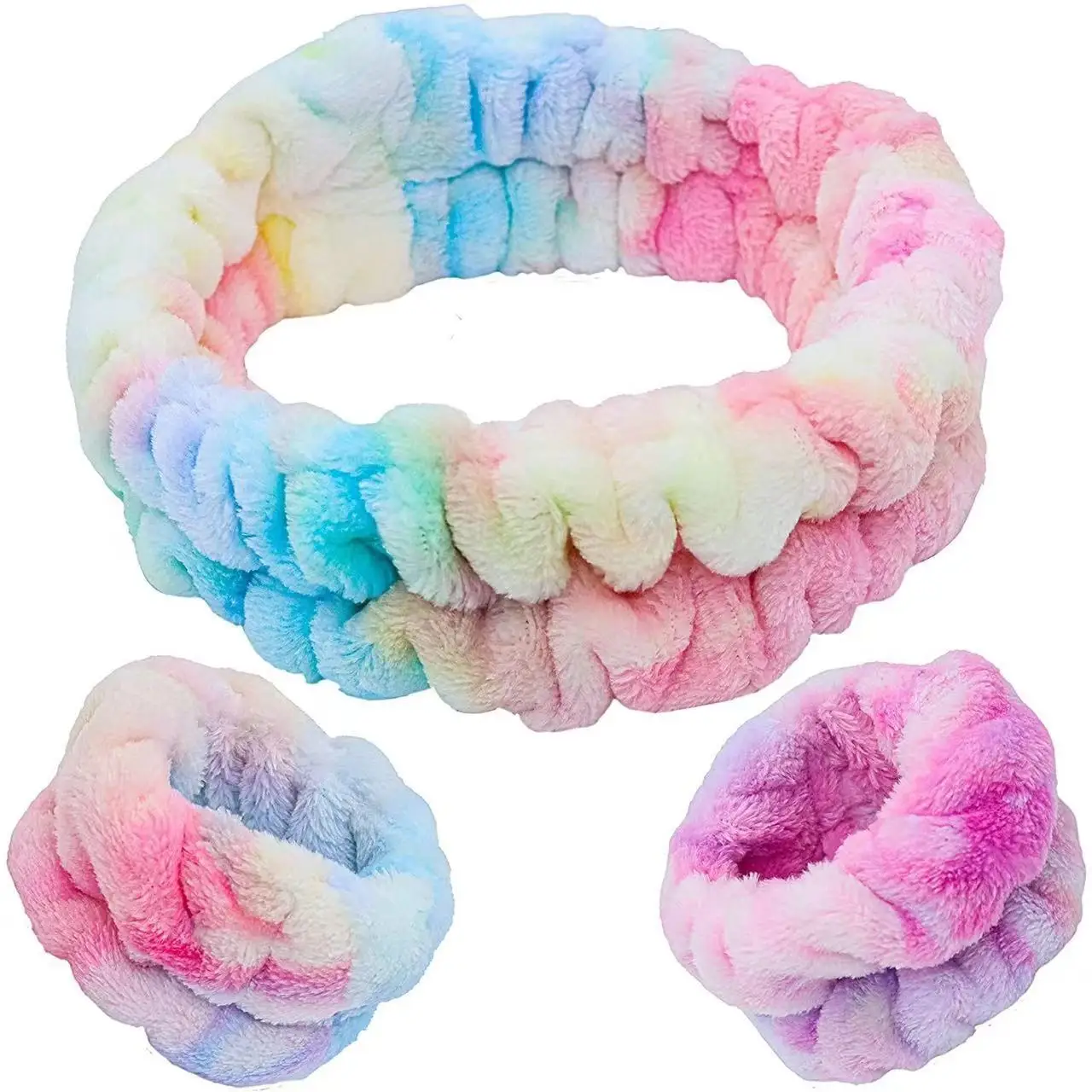 Fashion Tie-dye Flannel Spa Headband and Wristband Set Colorful Makeup Skincare Headband Wrist Band for Washing Face