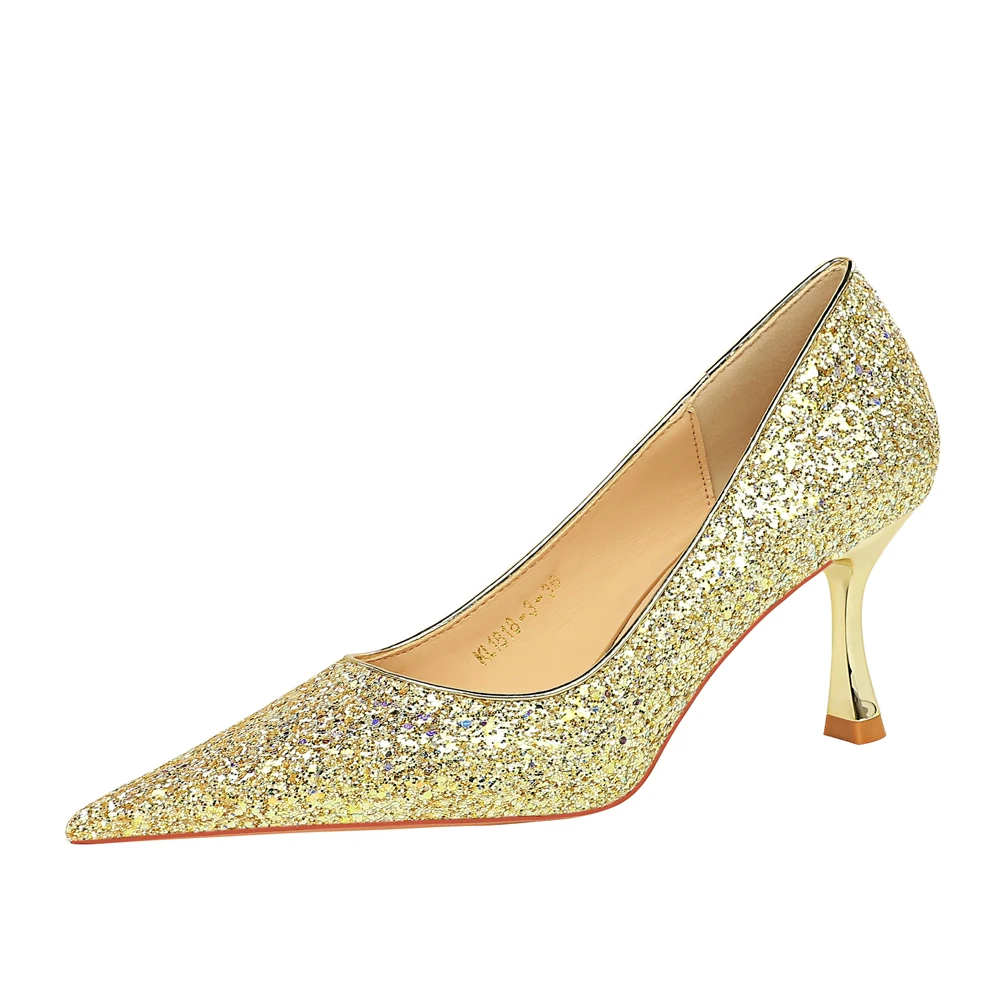 1818-3  BIGTREE Korean Fashion Banquet High Heel Shoes Metal Heel High Heel Shallow Mouth Pointed Shining Sequin Fabric Single S