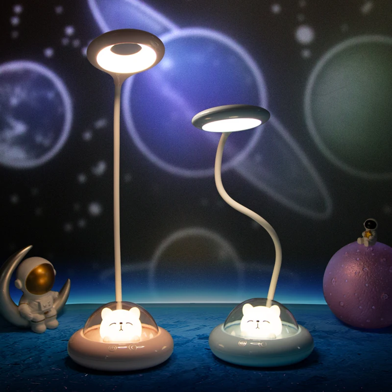 New Cute Cartoon Kitty LED Night Light Lamp UFO Style with Flexible Silicon Tube White Shade Touch Control Battery Powered