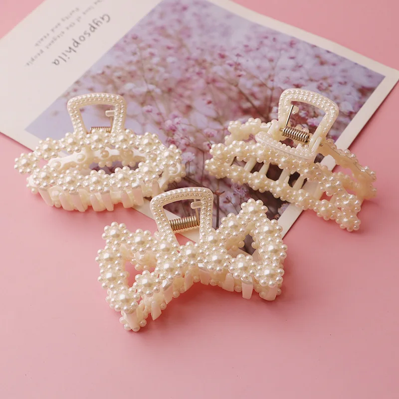 Go Party Wholesale Plastic Resin 7.5cm/8cm Large Metal Hair Clip Claw Pearl Grab Clip Big Hair Clips For Women Girls Hairpin