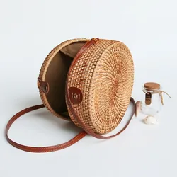 Handwoven Round Rattan Bag Shoulder Leather Straps Natural Crossbody Summer Beach straw bag