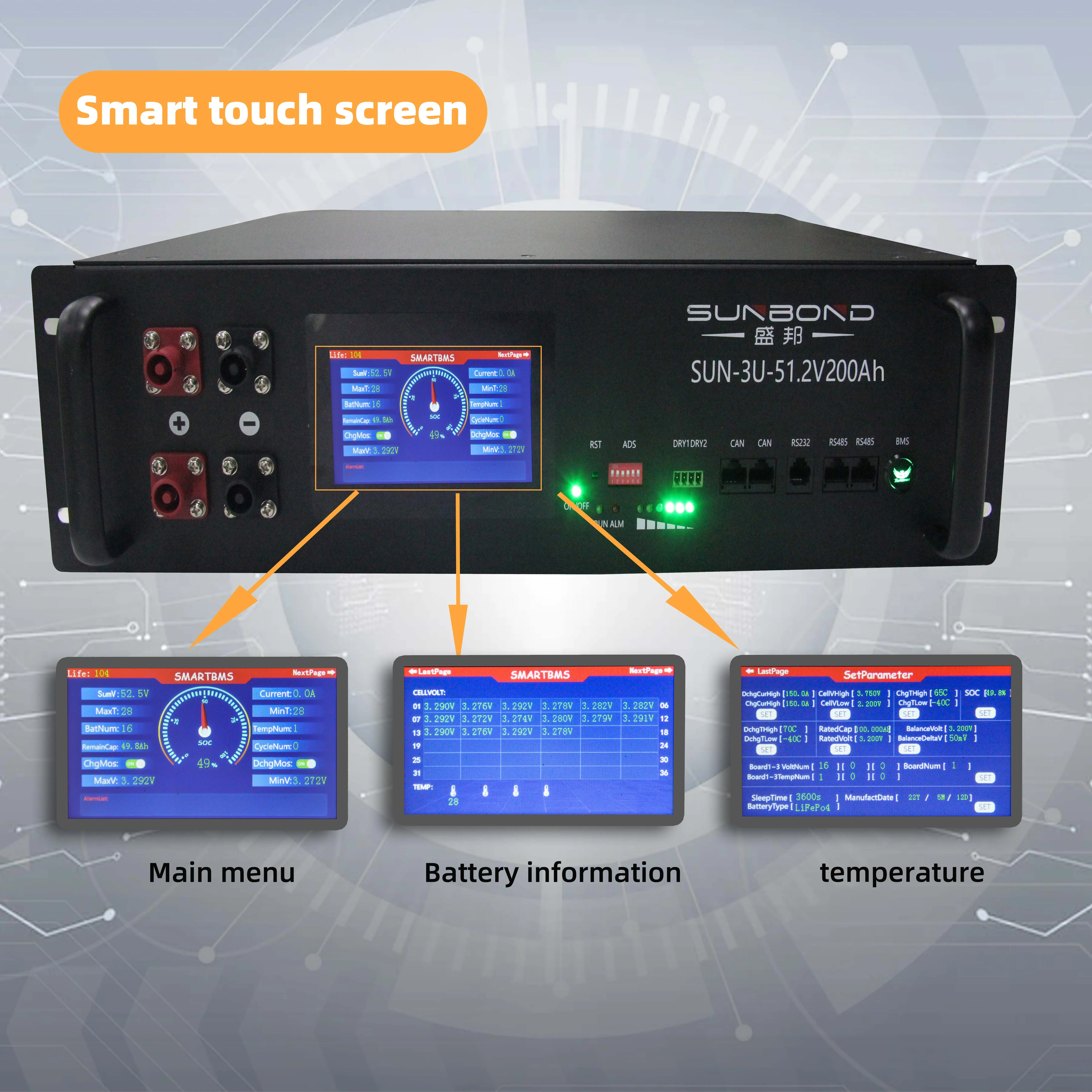 48V 200Ah 10240Wh 6000 Cycles PC Monitor Max 32 Parallel 51.2V 200Ah LiFePO4 Battery Pack Built-in 16S 200A BMS