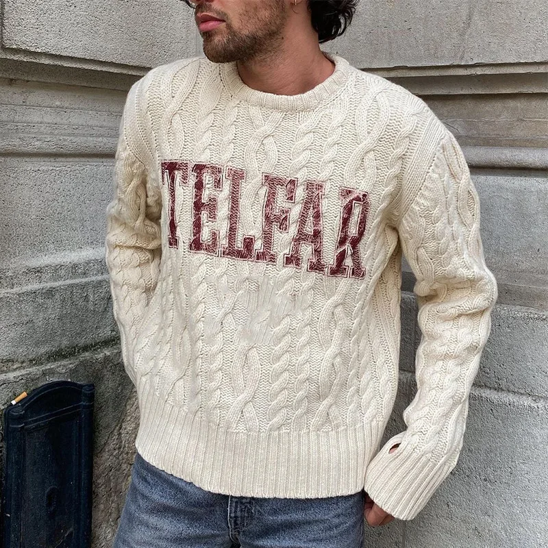 Мужской приталенный вязаный свитер, пуловер с круглым вырезом и модным принтом, осень 2021