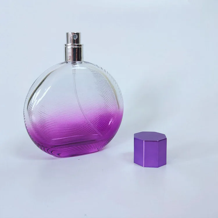 free sample  100 ml 100ml gradient purple color flat round empty glass perfume bottle with gold spray pump